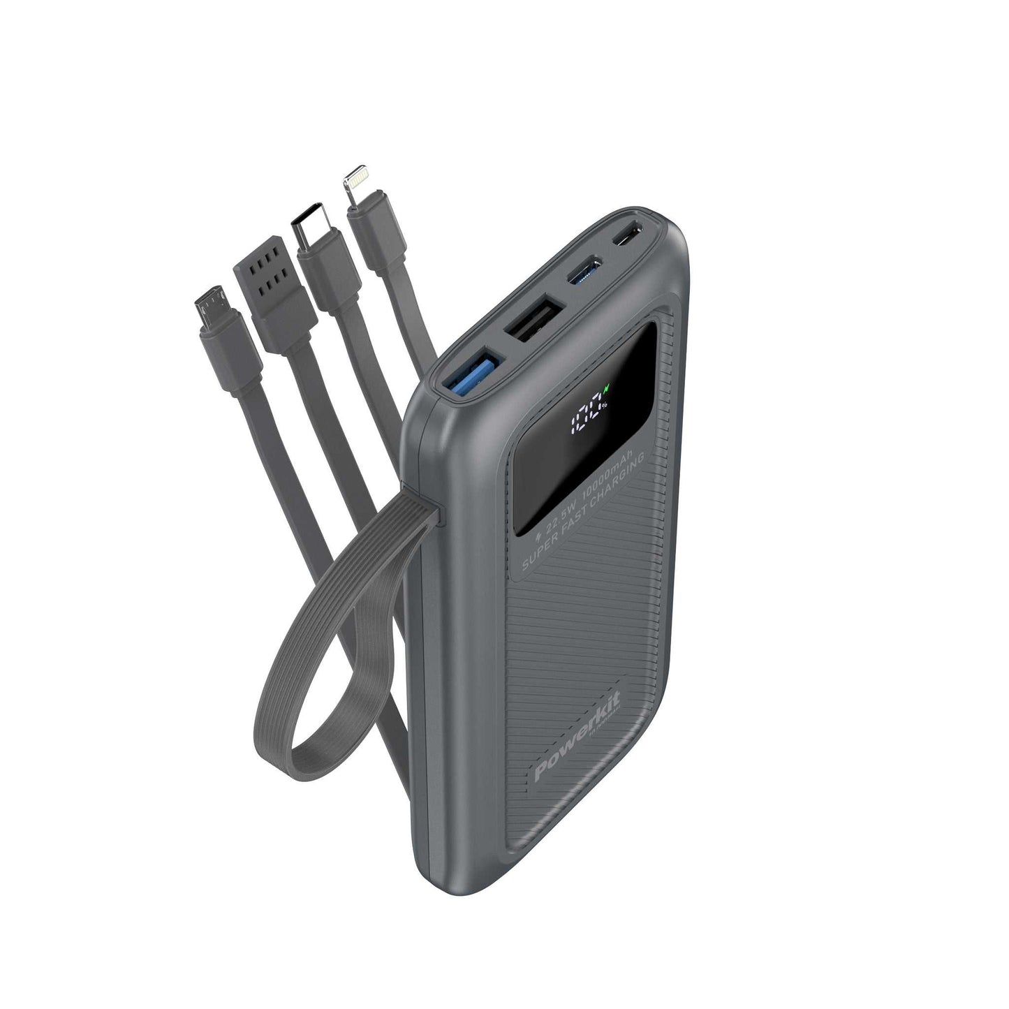 Powerbank 10.000 mAh - hurtigopladning - indbygget display og kabler