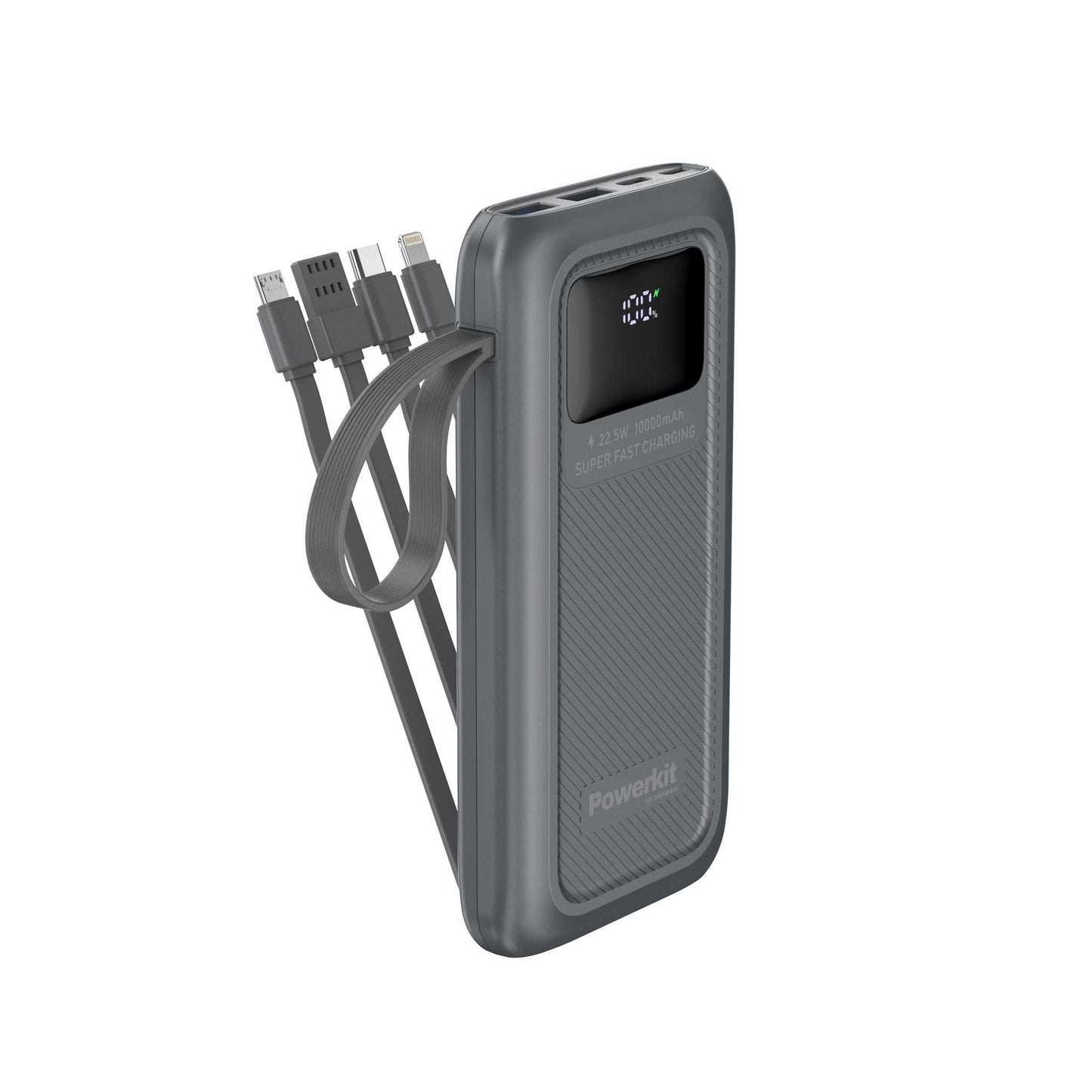 Powerbank 10.000 mAh - hurtigopladning - indbygget display og kabler