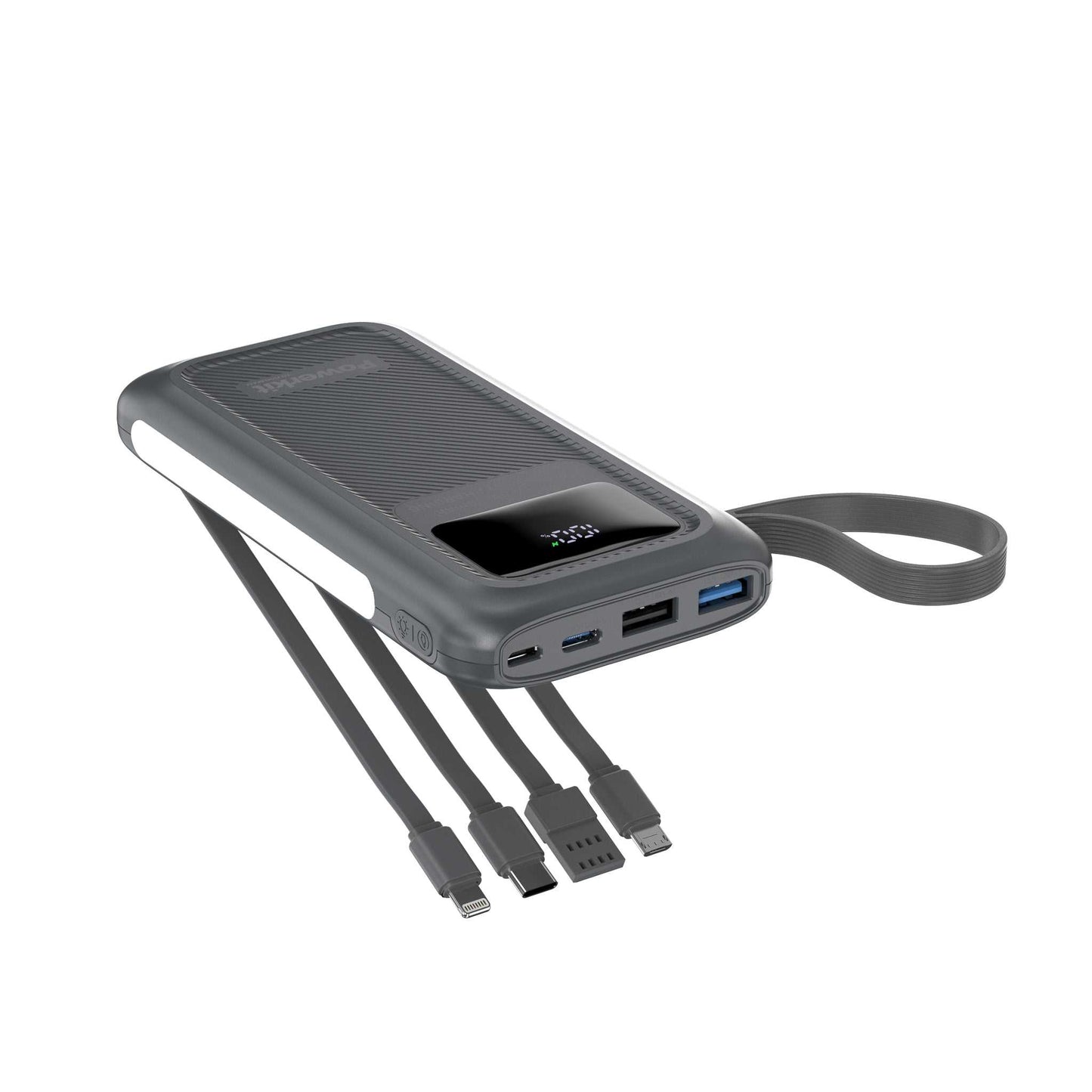 Powerbank 10.000 mAh - hurtigopladning - indbygget display og kabler