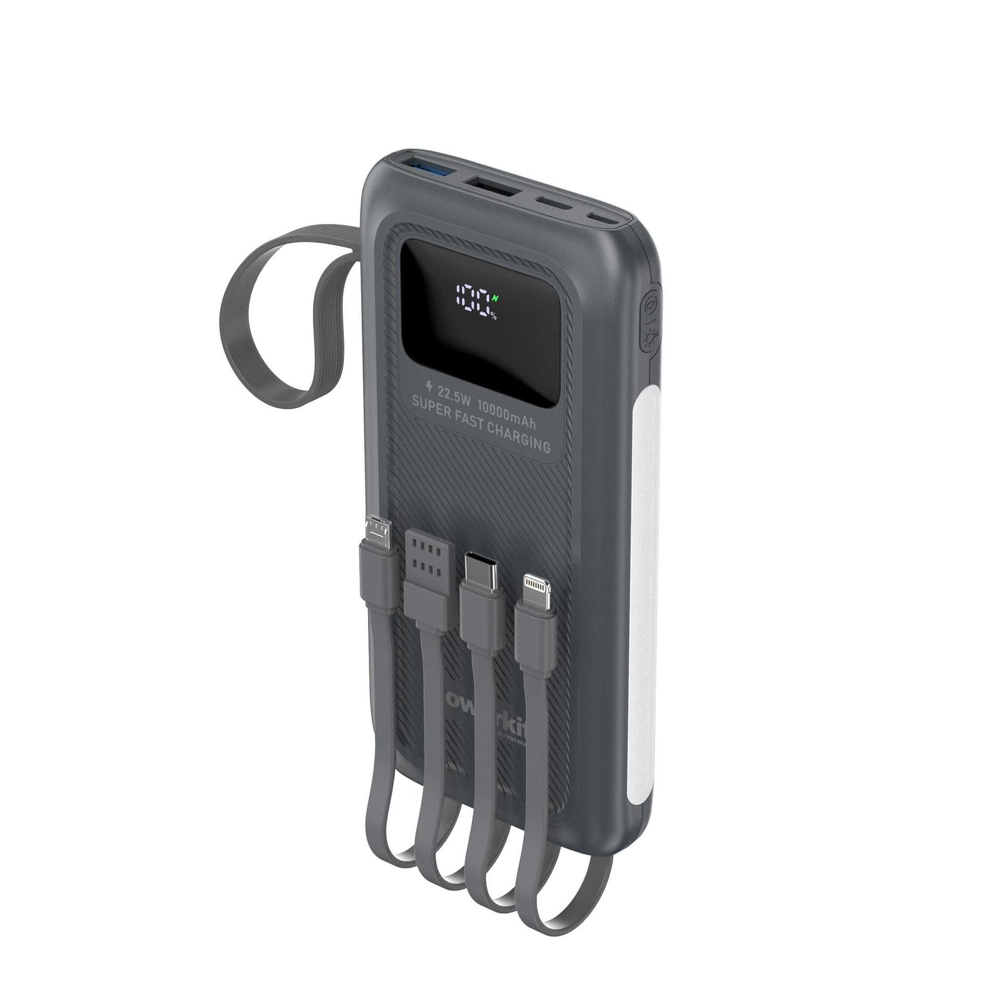 Powerbank 10.000 mAh - hurtigopladning - indbygget display og kabler