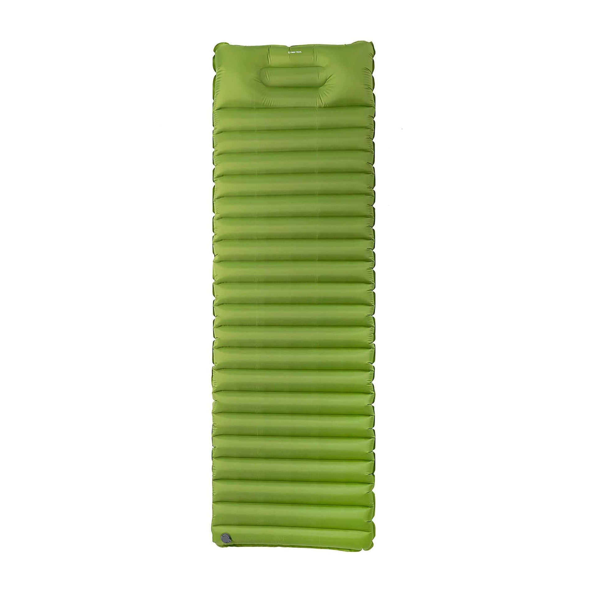 Ultralet liggeunderlag med indbygget pude og fodpumpe, 8,5 cm tykkelse, grøn ripstop nylon.