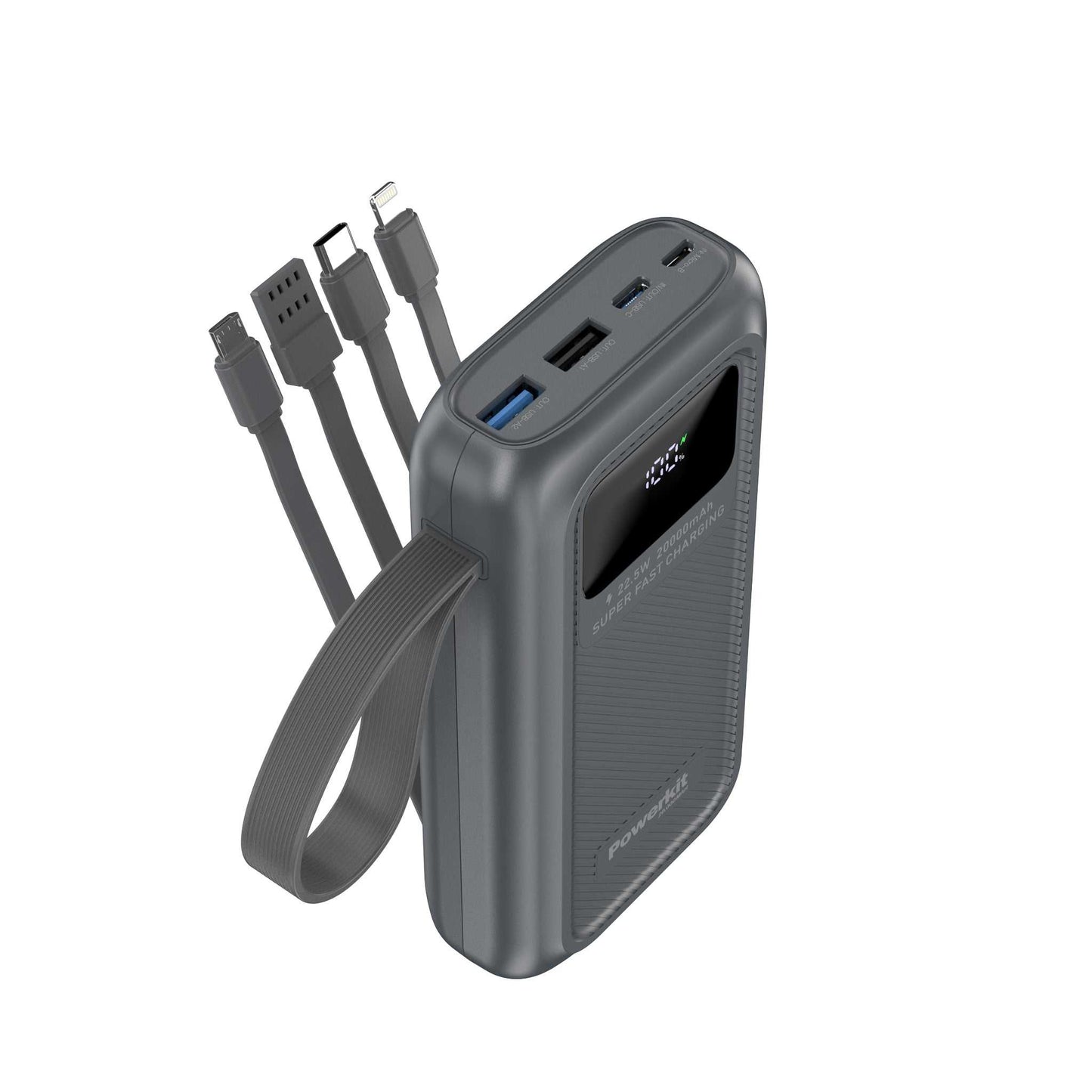 Powerbank 20.000 mAh - hurtigopladning - indbygget display og kabler