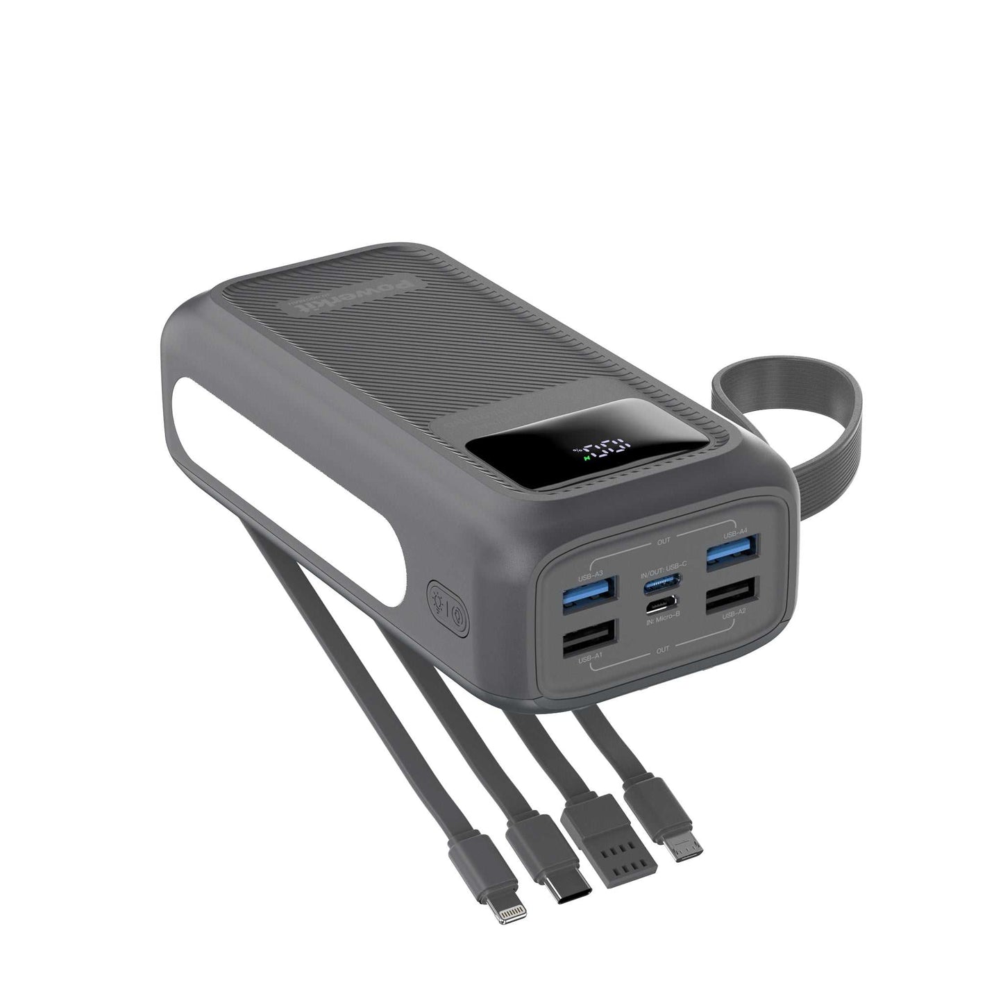 Powerbank 30.000 mAh - hurtigopladning - indbygget display og kabler