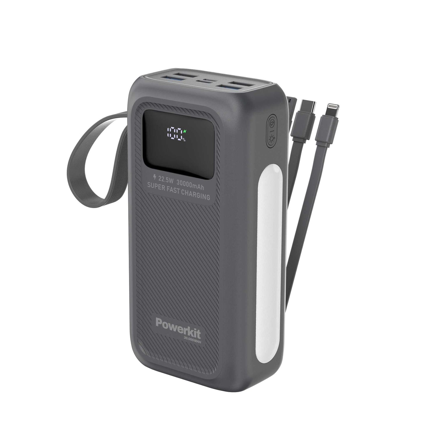 Powerbank 30.000 mAh - hurtigopladning - indbygget display og kabler