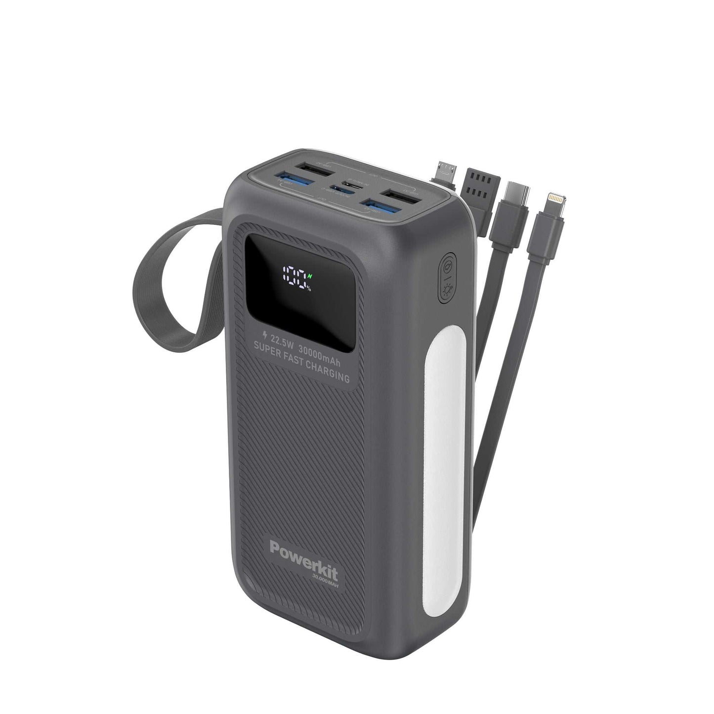 Powerbank 30.000 mAh - hurtigopladning - indbygget display og kabler