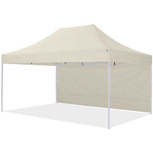 Pavilion sidewall 3x4.5m closed, easy Velcro install, robust 700D material, waterproof PU coating, in beige.