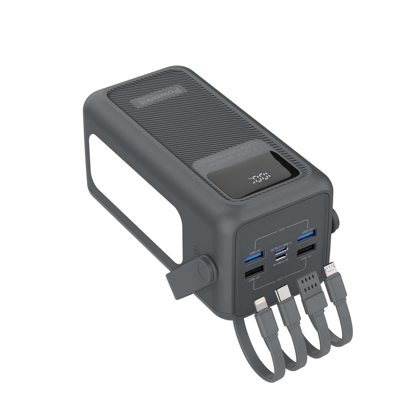 Powerbank 50.000 mAh - hurtigopladning - indbygget display og kabler