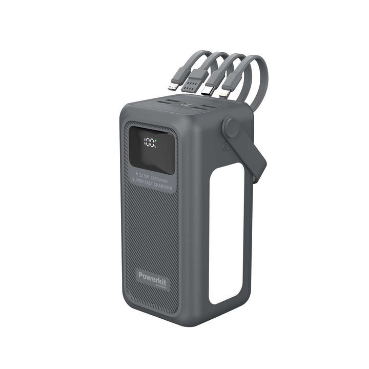 Powerbank 50.000 mAh - hurtigopladning - indbygget display og kabler