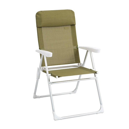 Olive green campingstol with 5 adjustable positions, sturdy aluminum frame, and durable, weather-resistant textile material.