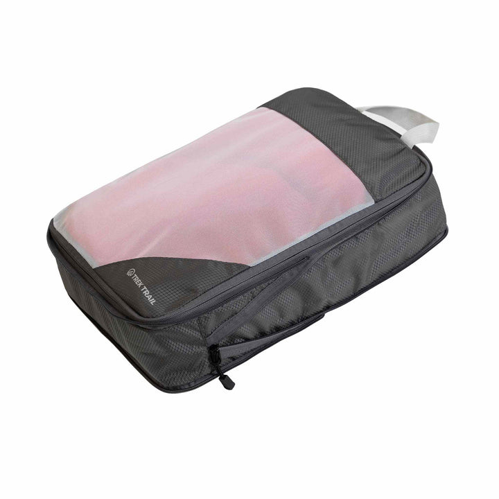 Black Pakpose - Large 12L packing cube with mesh front and zip, expands for more storage.