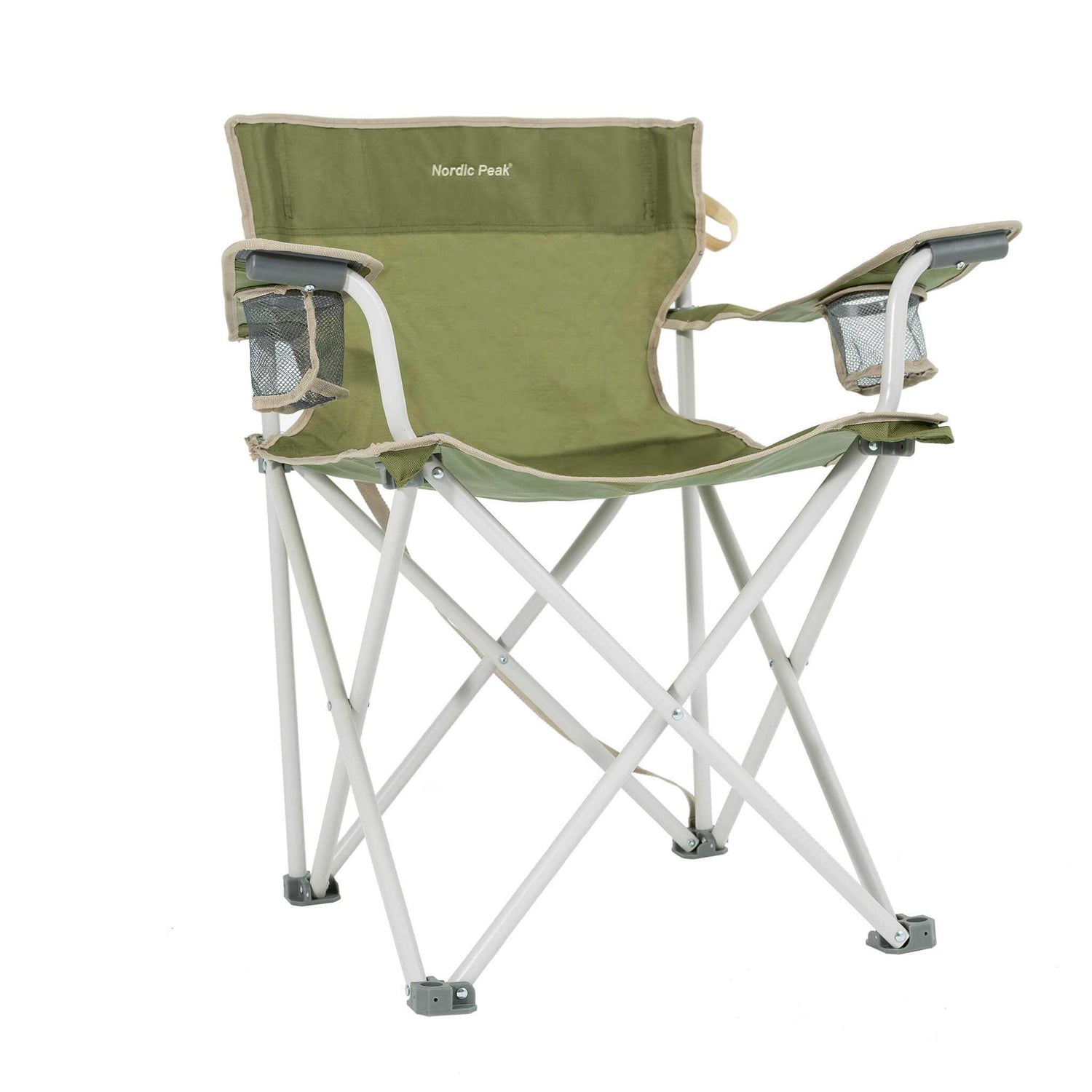 Ekstra robust festivalstol med to kopholdere, sammenfoldelig, stål, 150 kg kapacitet, grøn/brun/beige.