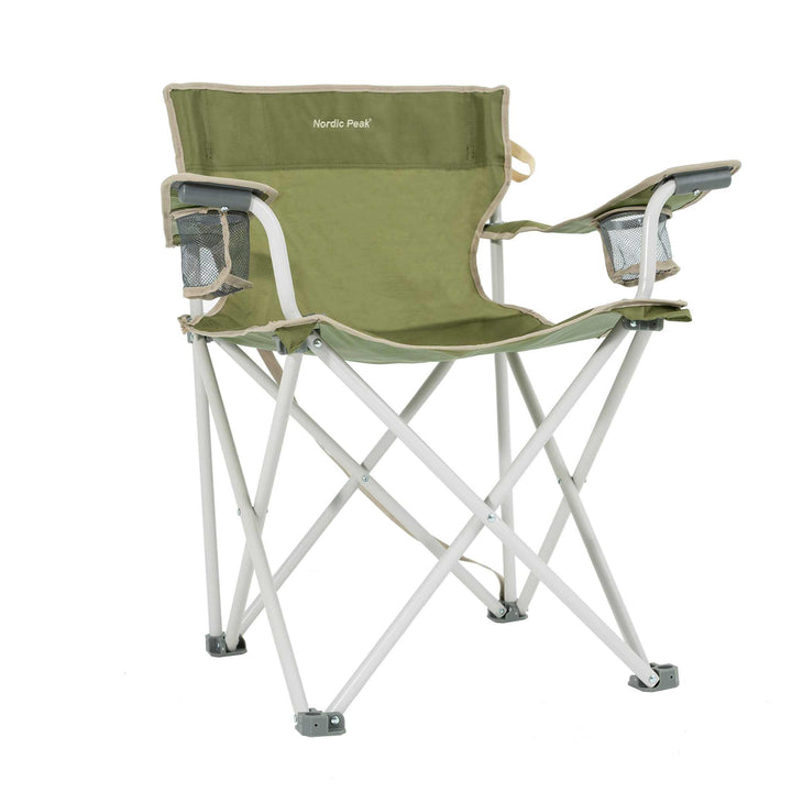 Ekstra robust festivalstol med to kopholdere, sammenfoldelig, stål, 150 kg kapacitet, grøn/brun/beige.