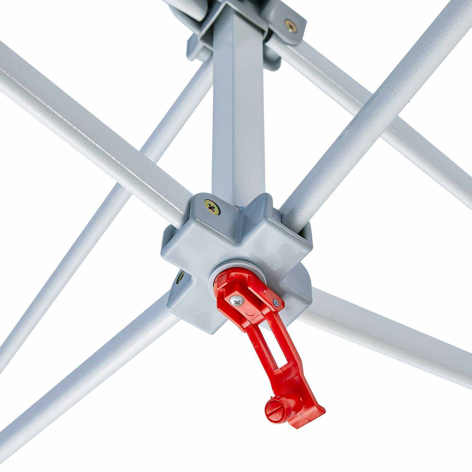 Pavillon Easy Up 3x3m steel frame with red lock mechanism.