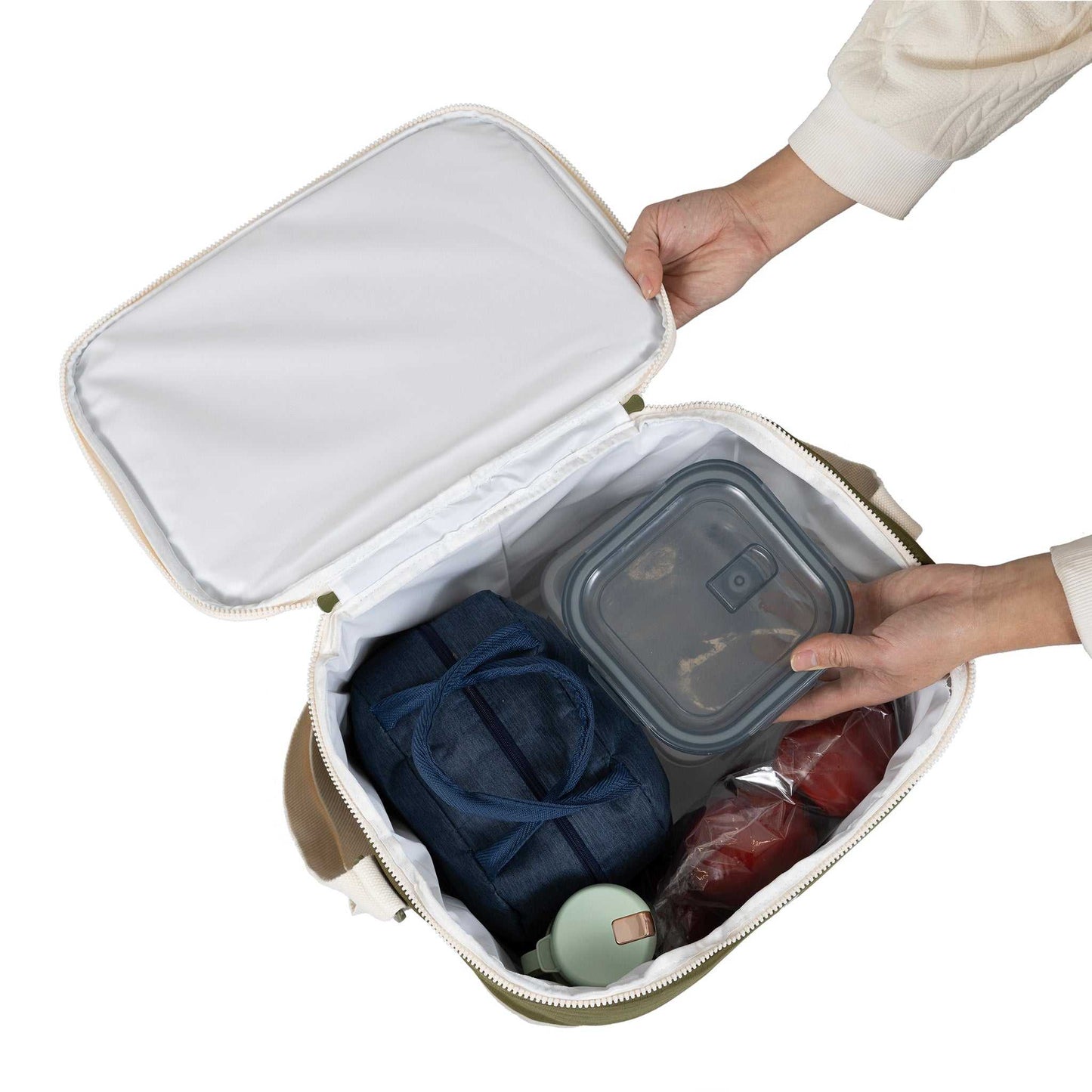 20L waterproof cooler bag with thick insulation, open view, holding food and drinks.