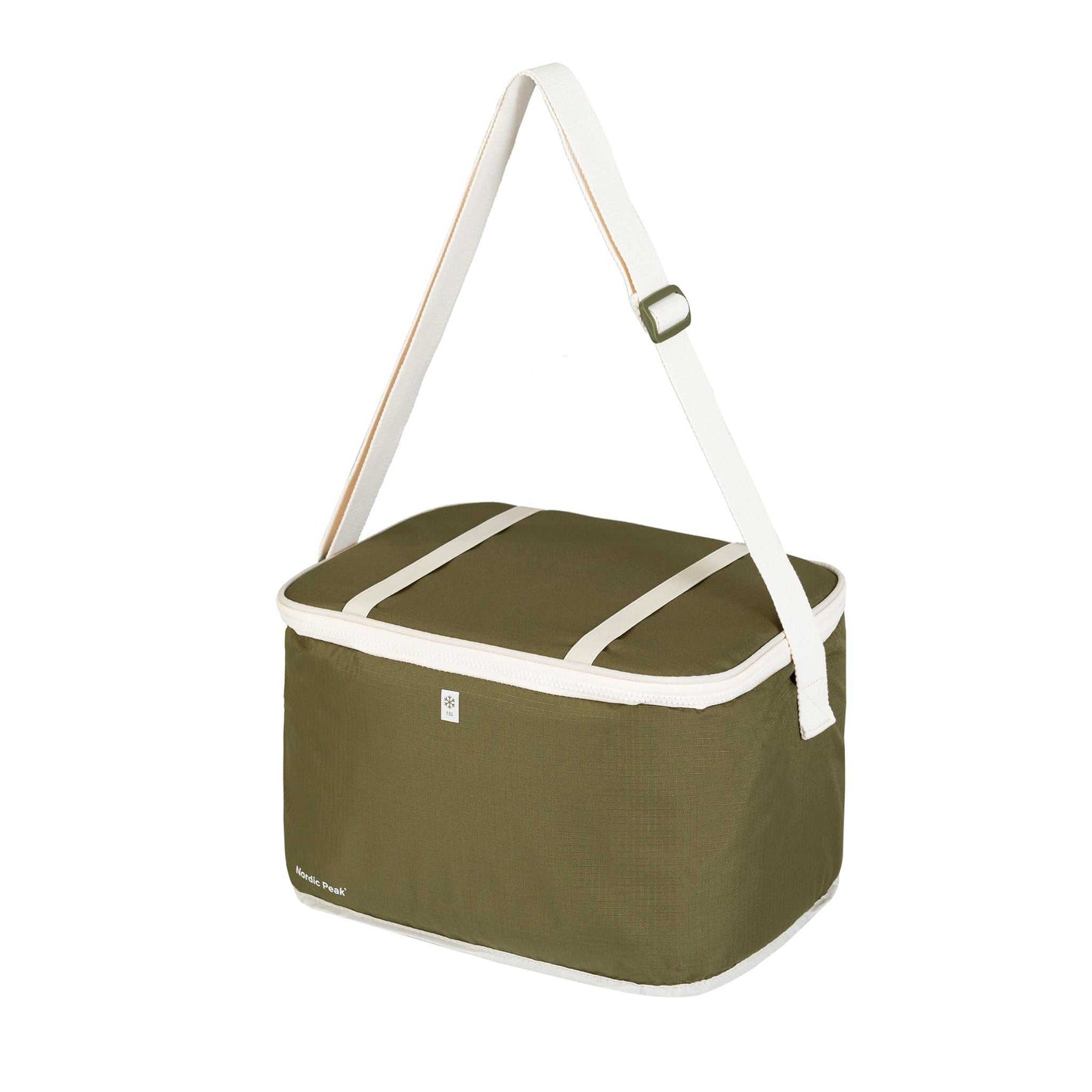 Green 15L cooler bag with adjustable shoulder strap, perfect for beach days; features strong SBS zipper and easy-to-clean surface.