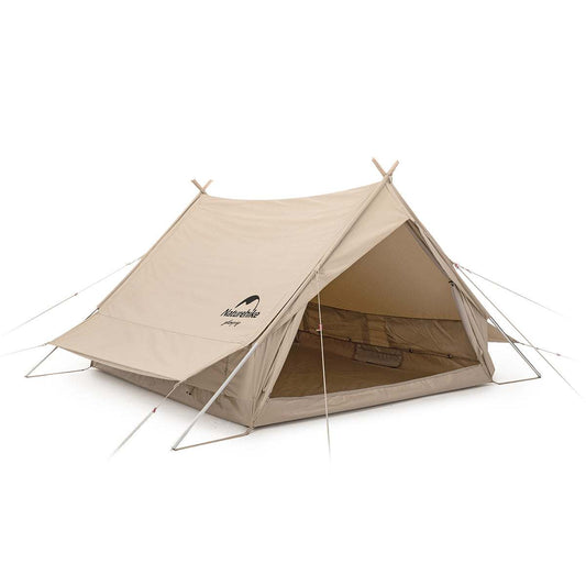 Beige og grøn A-formet glamping telt i slidstærk bomuldsblanding med vandtæt PVC-bund og integreret solsejl, plads til 2-4 personer.