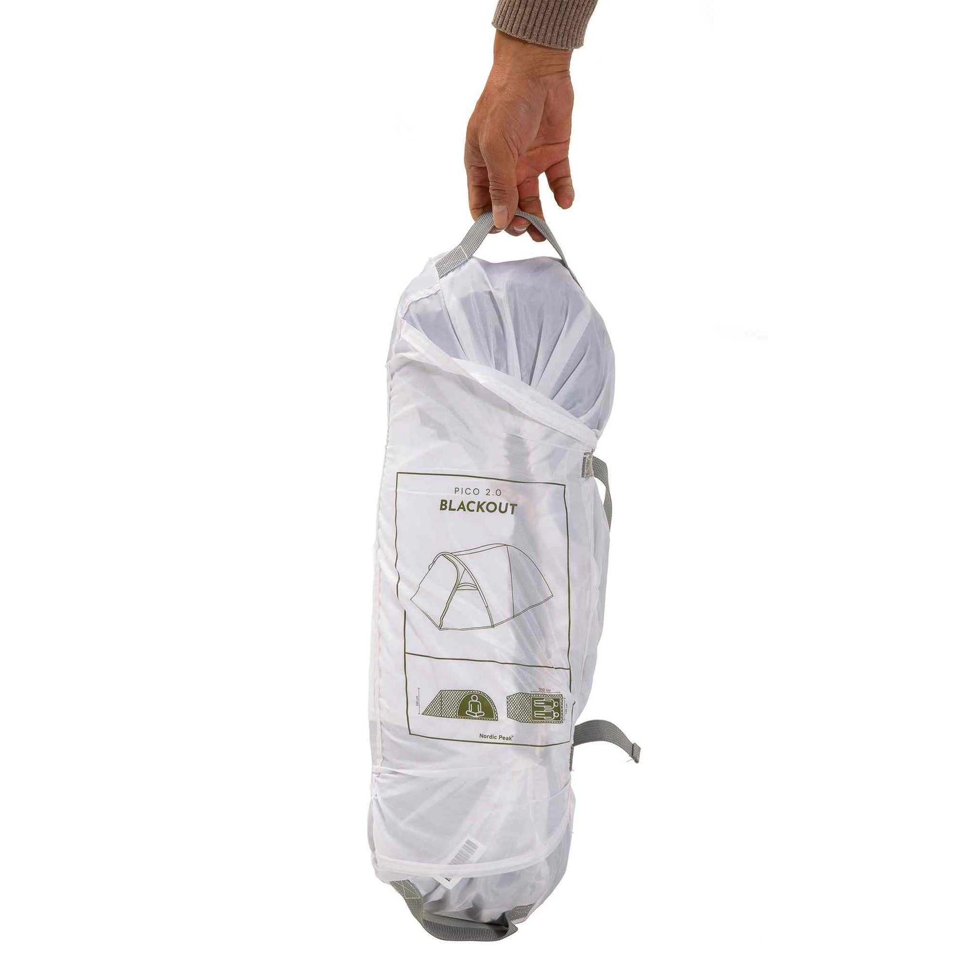 2-personers XL blackout festivaltelt i transportpose.