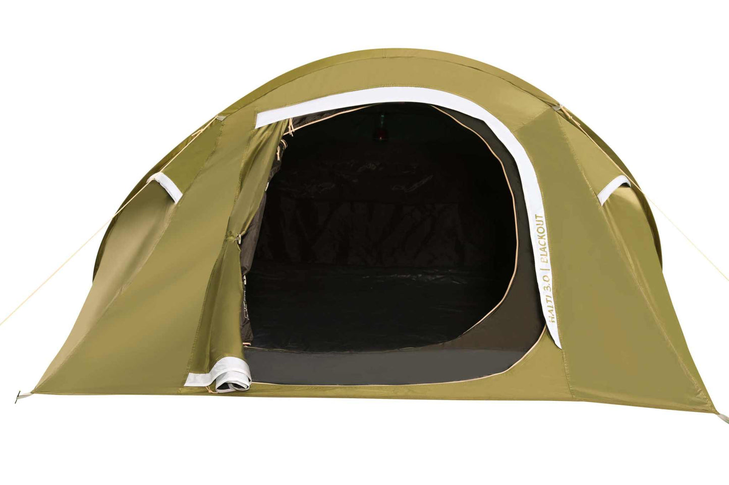 3-person pop-up tent with blackout fabric and waterproof features, open entrance, olive green.