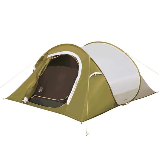 3-person pop-up tent with blackout fabric, easy setup, waterproof base, and ventilation.