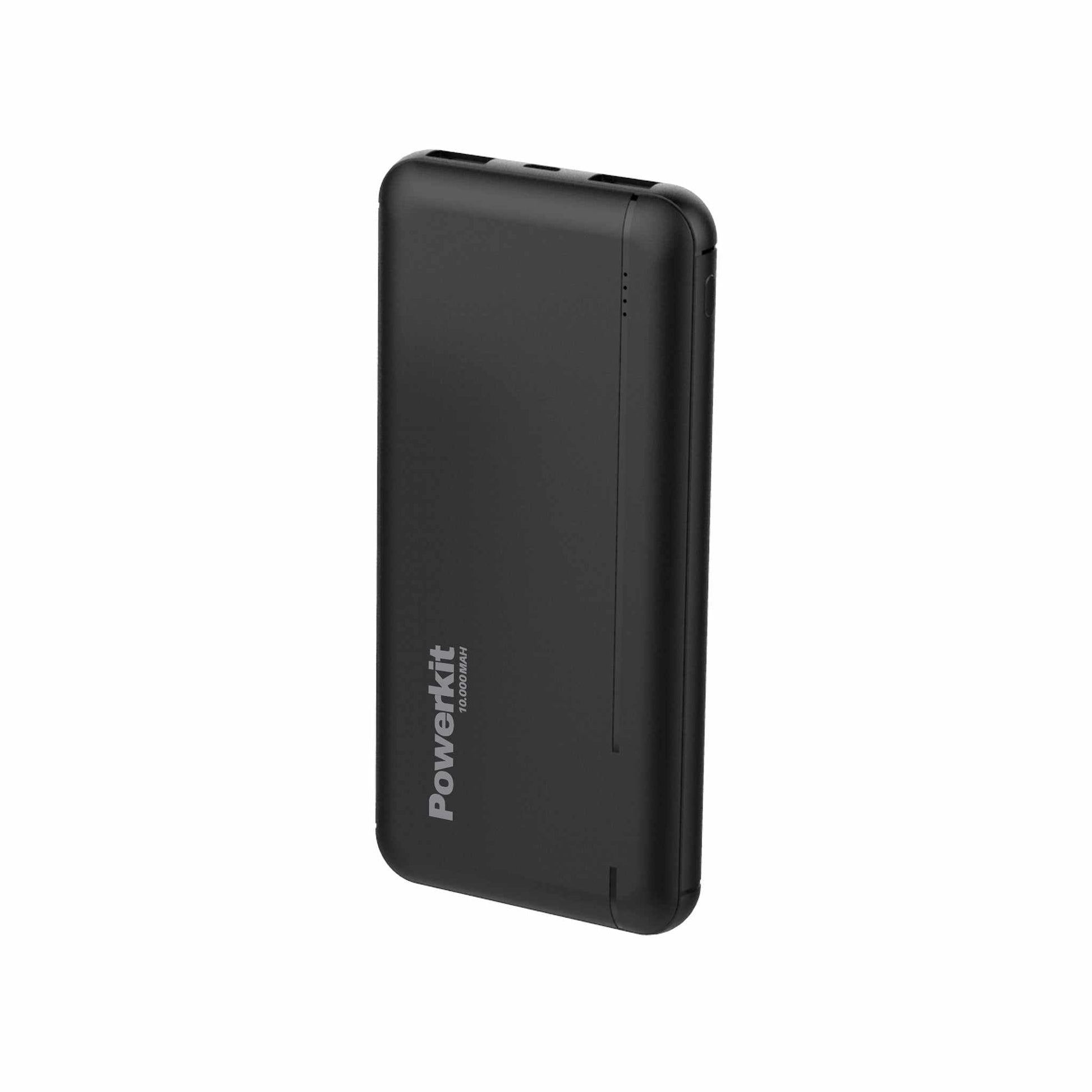 Sort powerbank med 10.000 mAh kapacitet og mulighed for opladning af to enheder samtidig