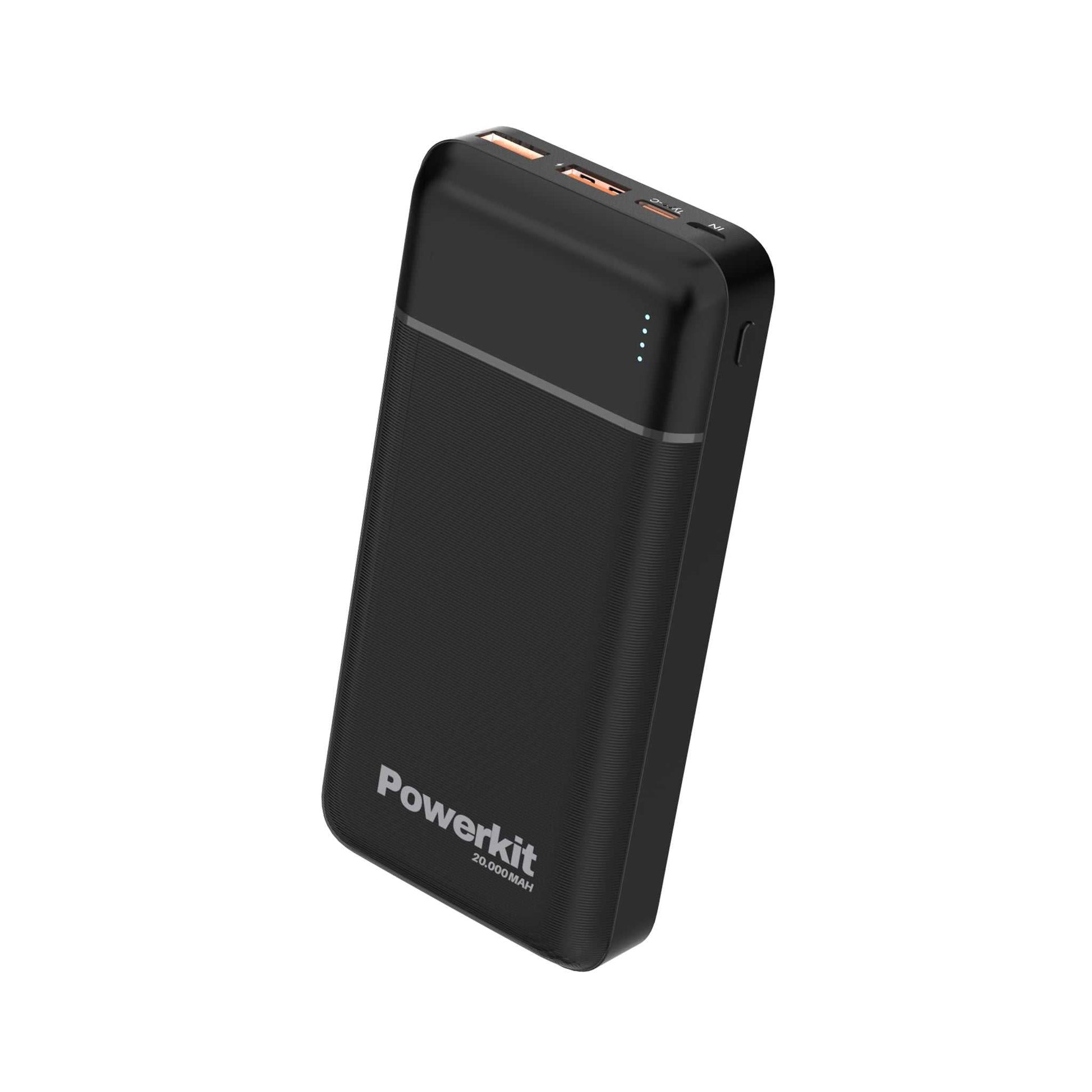 Powerbank 20.000 mAh med hurtigopladning 22W, USB A og C, oplader 2 enheder samtidig, sort kompakt design