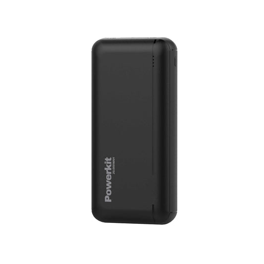 Powerbank 20.000 mAh i sort med kapacitet til opladning af to enheder samtidigt, 11W ladehastighed og strømindikator i fire niveauer.