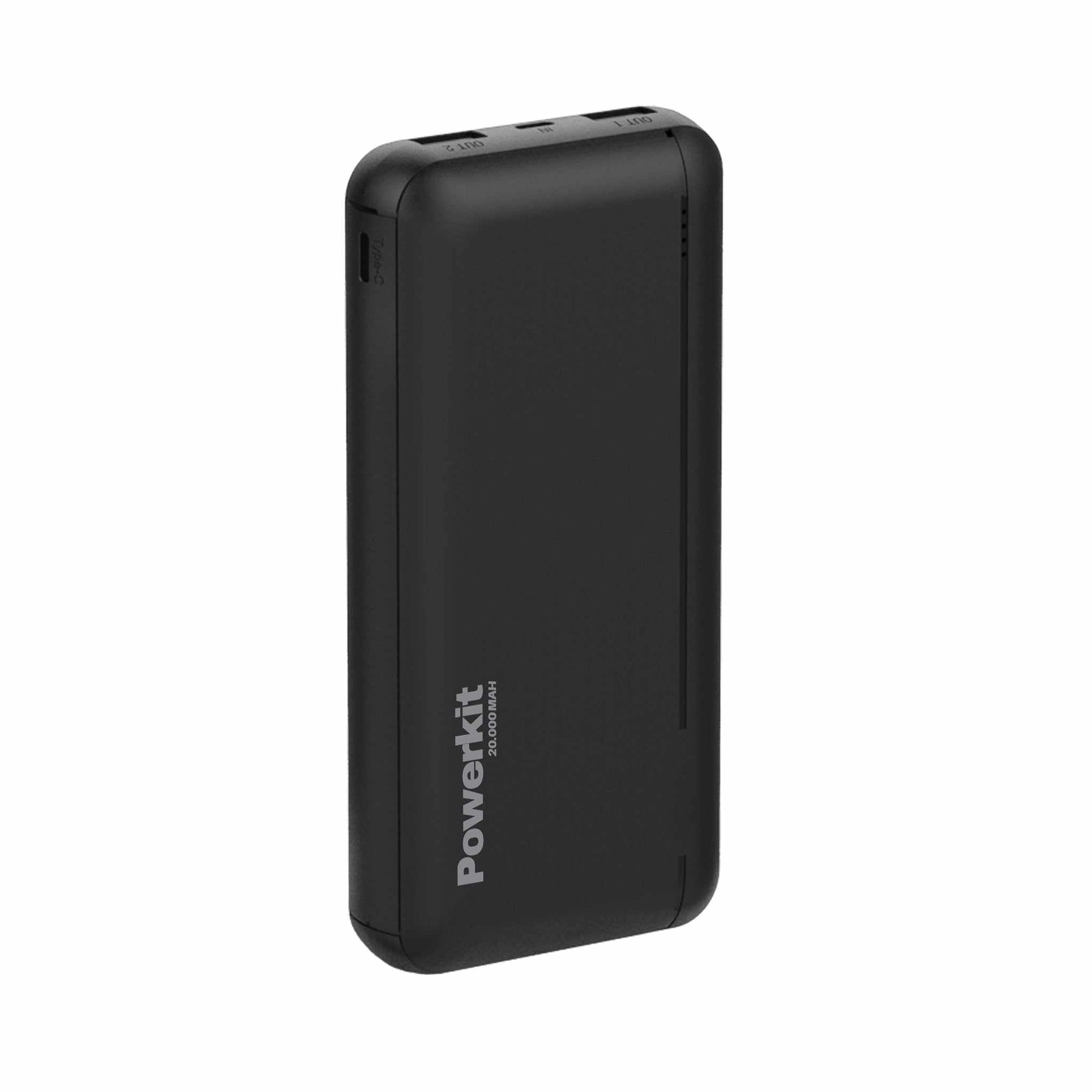 Sort Powerkit powerbank med 20.000 mAh kapacitet og USB A opladning, der kan oplade to enheder samtidigt.