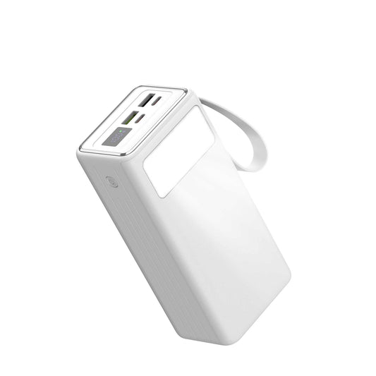 Powerbank 40.000 mAh med hurtigopladning, indbygget display, lommelygte og mulighed for opladning af 3 enheder samtidigt.