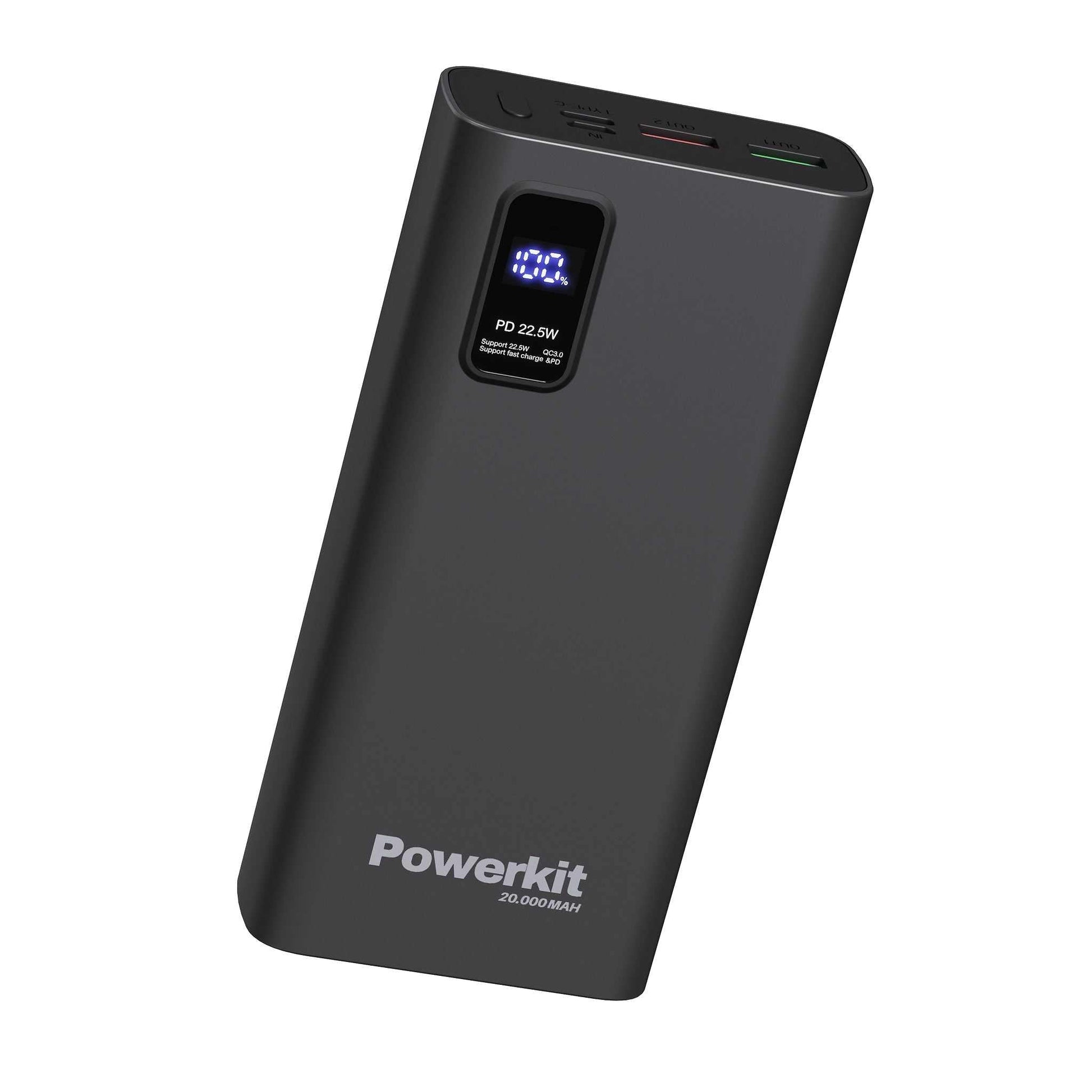 Powerbank 20.000 mAh med hurtigopladning, indbygget display og dobbelt opladning til smartphones og tablets.