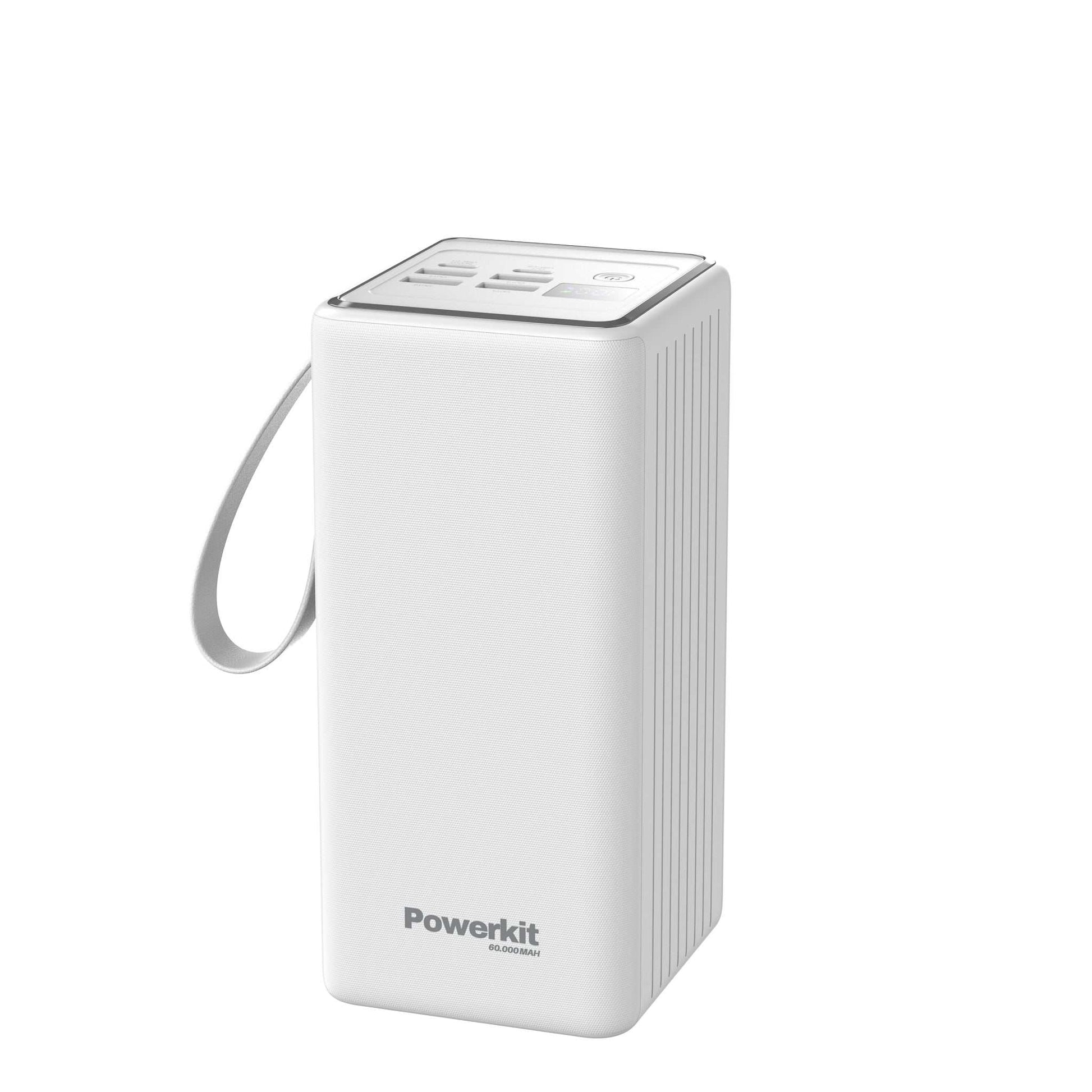 Powerkit powerbank 60.000 mAh med hurtigopladning, indbygget display og lommelygte i hvid