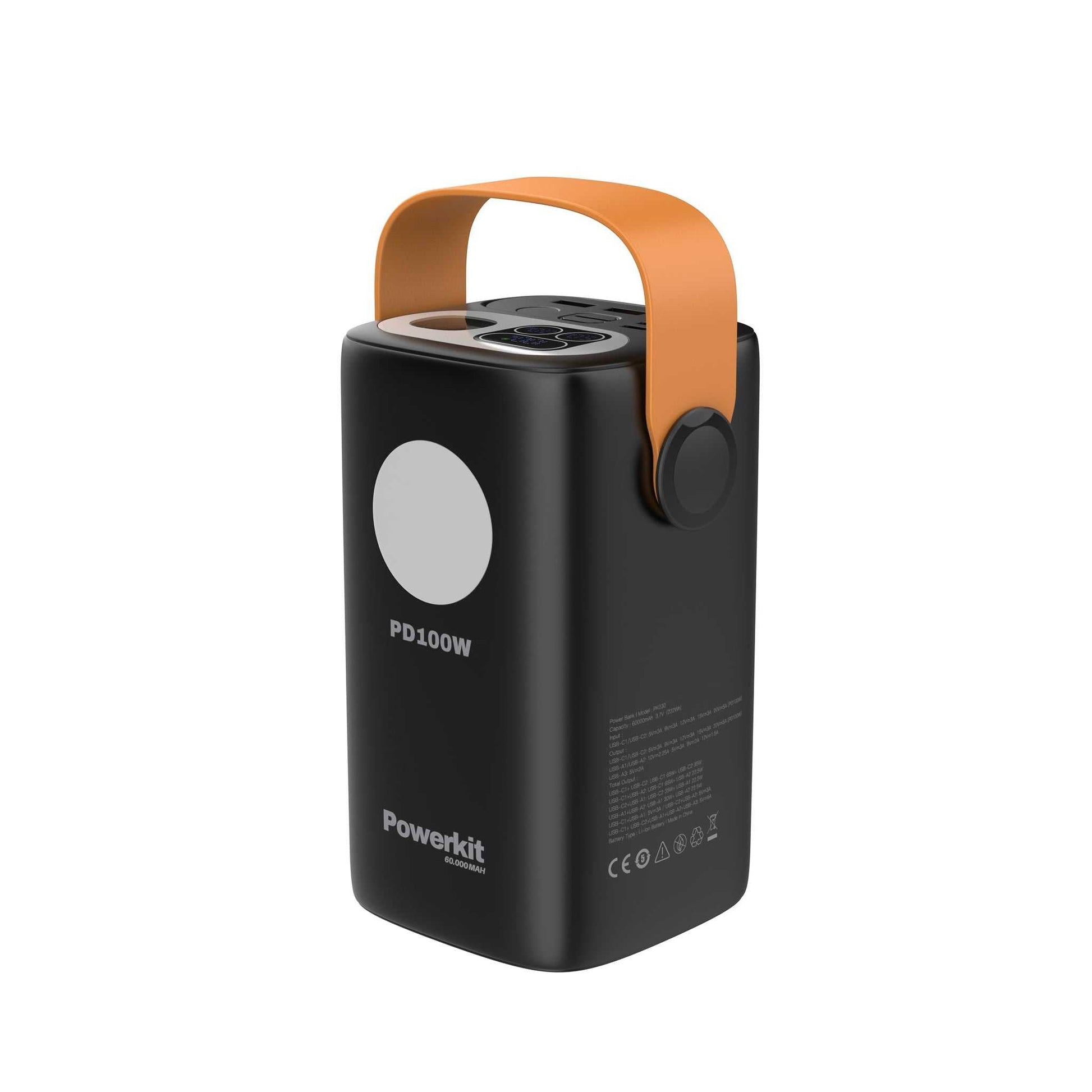 Power Station 60.000 mAh med 100W lynladning, indbygget display og bærehåndtag, kan oplade 3 enheder samtidig og har indbygget lommelygte.