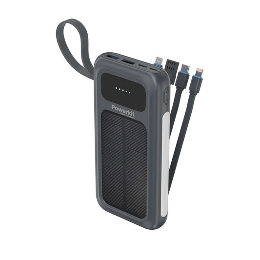 Powerbank 10.000 mAh - hurtigopladning - indbygget solceller og kabler