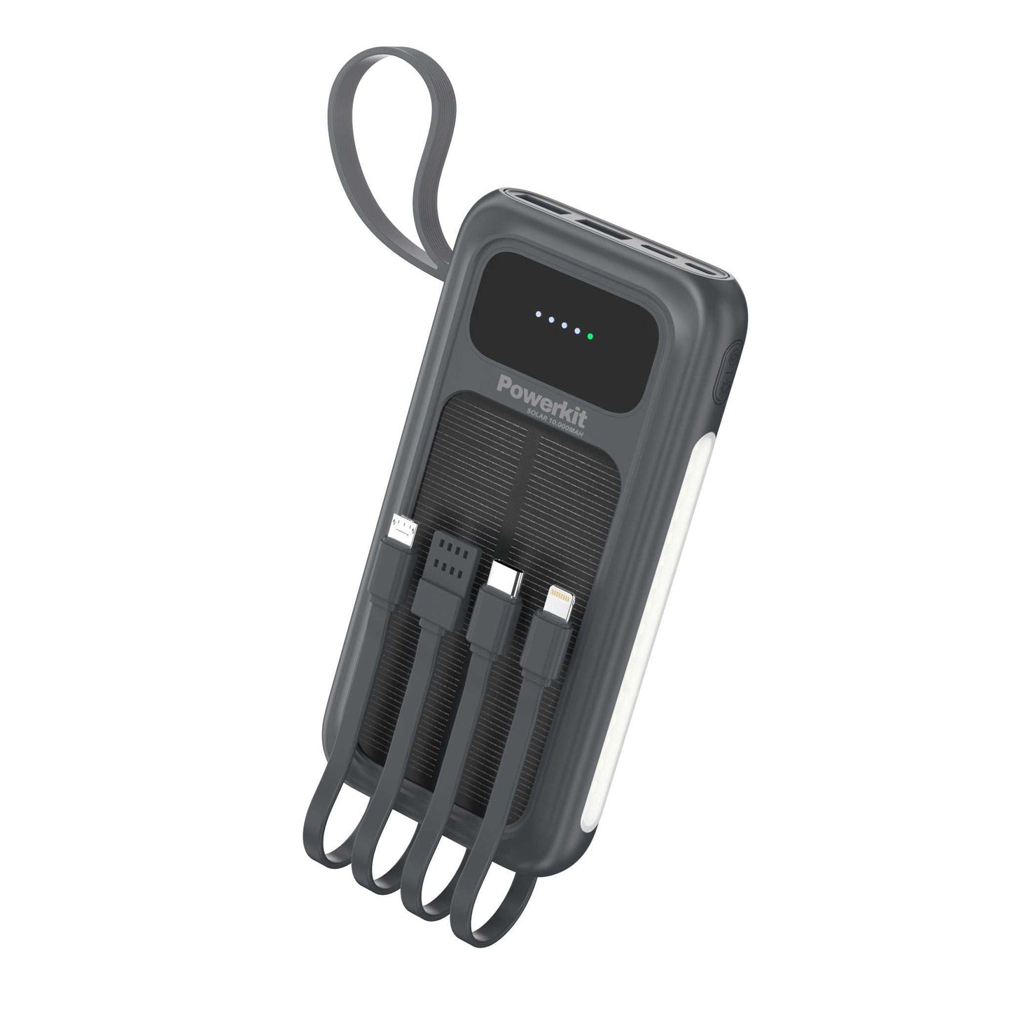 Powerbank 10.000 mAh - hurtigopladning - indbygget solceller og kabler
