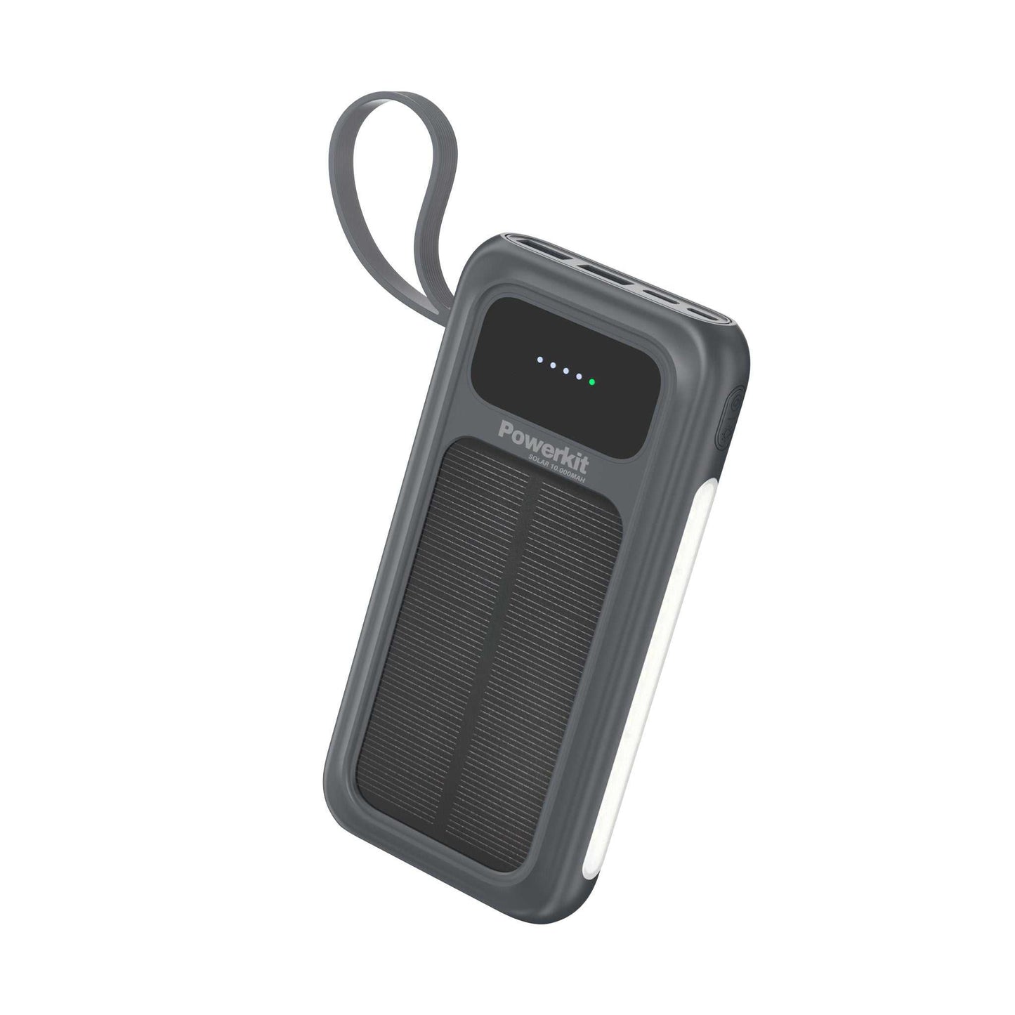 Powerbank 10.000 mAh - hurtigopladning - indbygget solceller og kabler