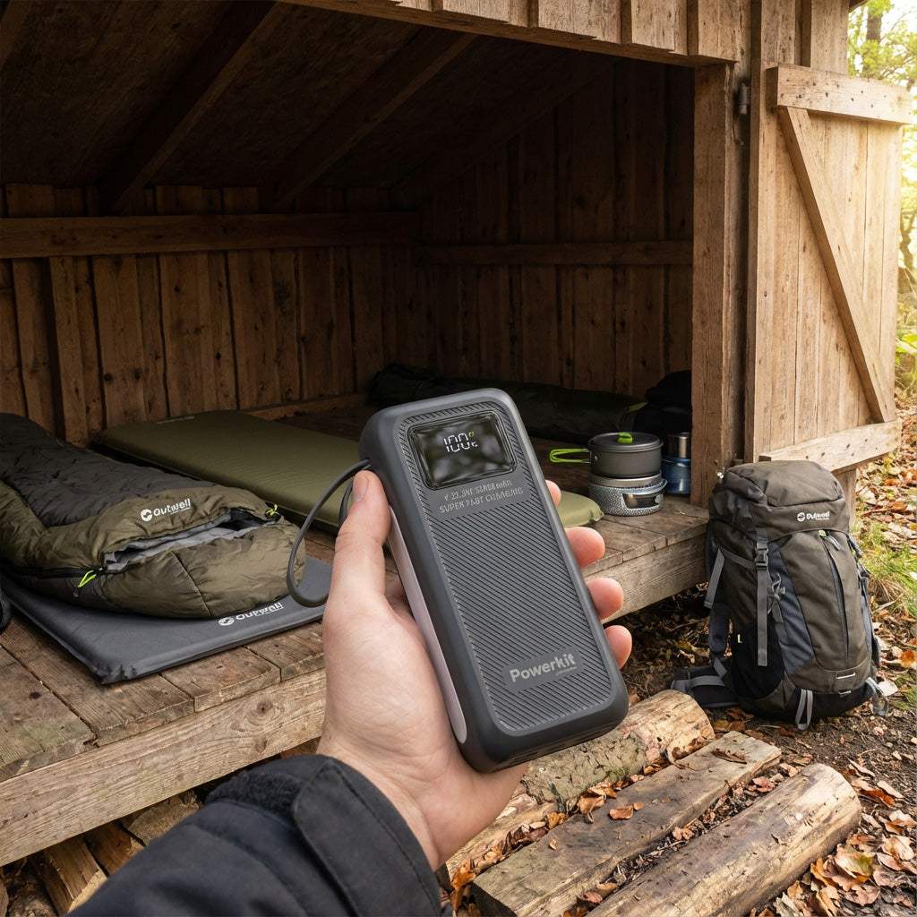 Powerbank 30.000 mAh - hurtigopladning - indbygget display og kabler