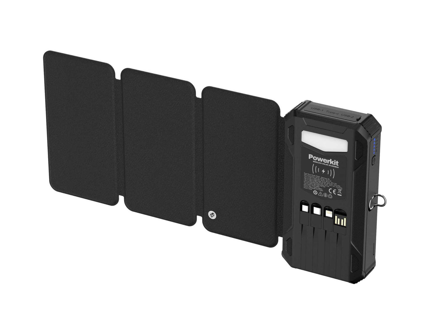 Powerbank 20.000 mAh - hurtigopladning - Stort solpanel og kabler