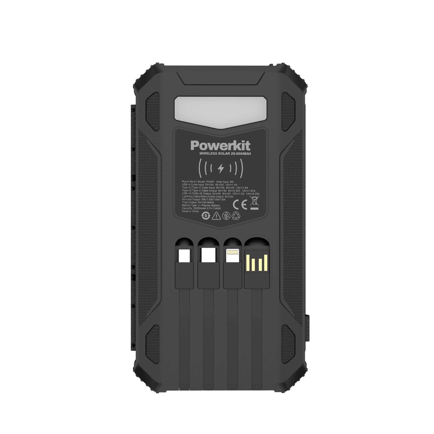 Powerbank 20.000 mAh - hurtigopladning - Stort solpanel og kabler