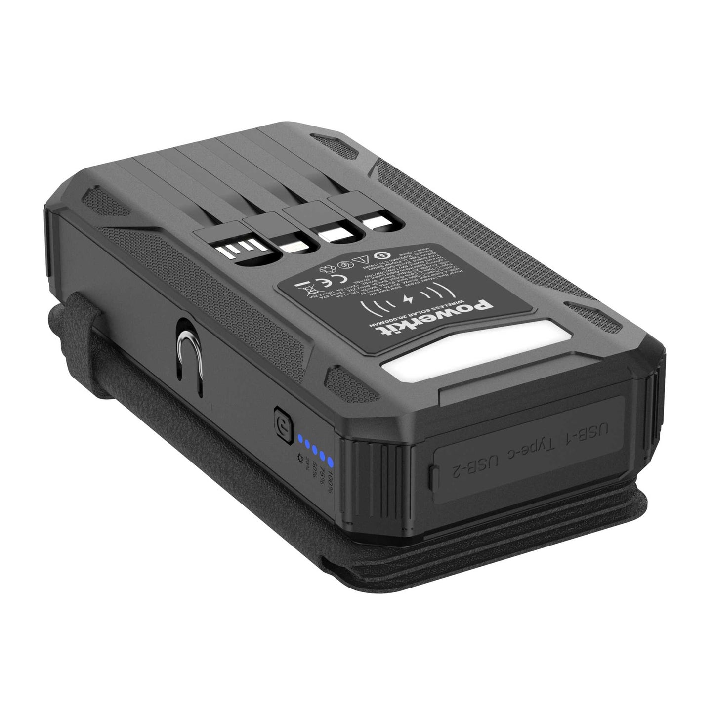 Powerbank 20.000 mAh - hurtigopladning - Stort solpanel og kabler
