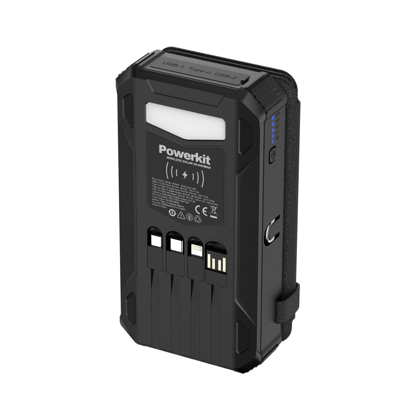 Powerbank 20.000 mAh - hurtigopladning - Stort solpanel og kabler