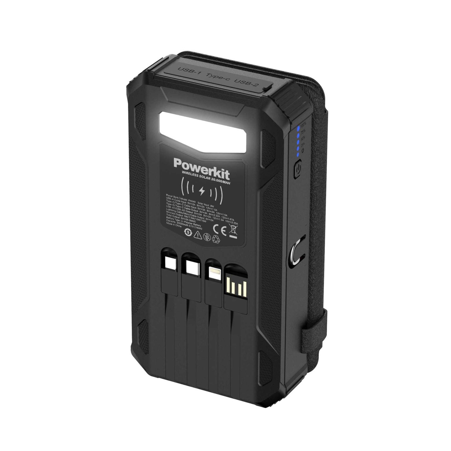 Powerbank 20.000 mAh - hurtigopladning - Stort solpanel og kabler