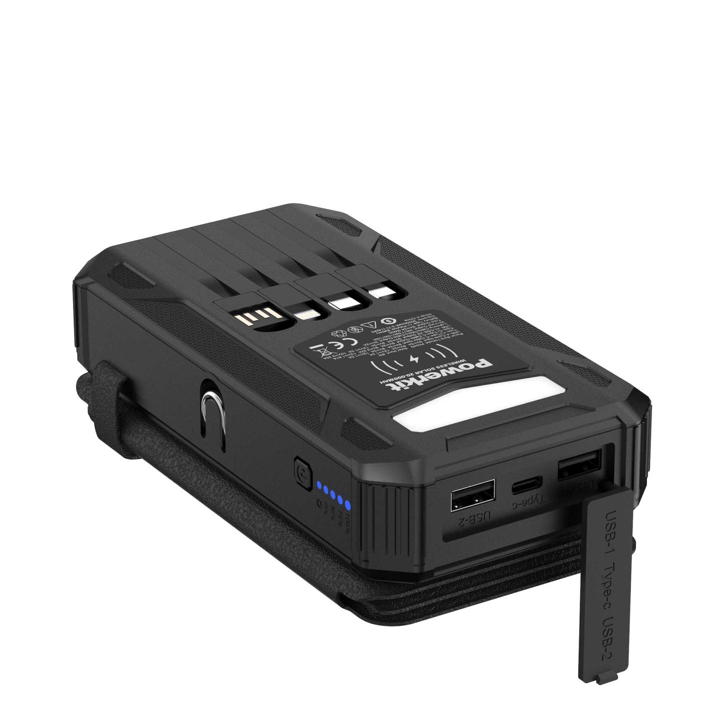 Powerbank 20.000 mAh - hurtigopladning - Stort solpanel og kabler