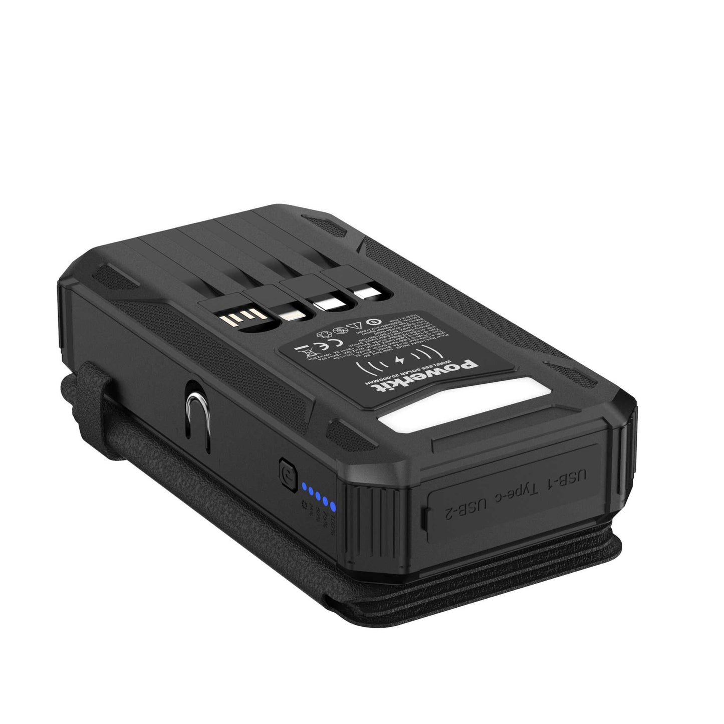 Powerbank 20.000 mAh - hurtigopladning - Stort solpanel og kabler