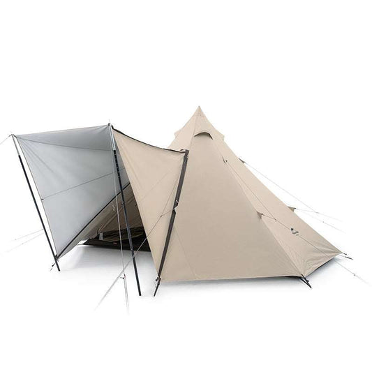 Beige tipi telt med ottekantet design og stor plads til 5-8 personer, robust 150D Oxford stof og aluminiumskonstruktion.