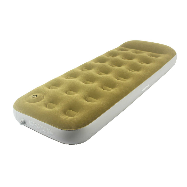 Single luftmadras with built-in pillow and foot pump, lightweight and portable for outdoor activities.