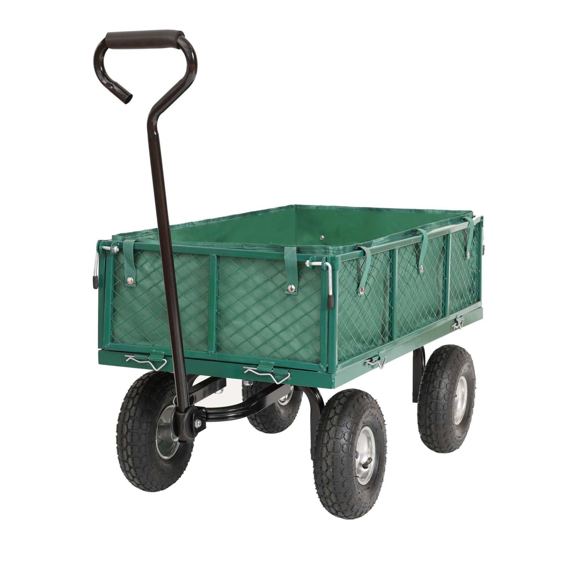 Robust grøn trækvogn med rustfrit gitter og oppustelige hjul, max kapacitet 350 kg.