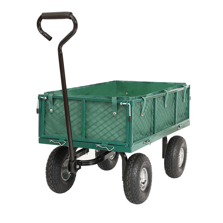 Robust grøn trækvogn med rustfrit gitter og oppustelige hjul, max kapacitet 350 kg.