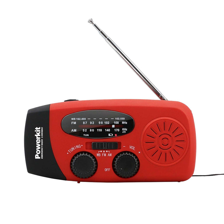Rød nødradio med solceller, FM/AM, 2000 mAh powerbank, lygte, dynamo og USB-porte
