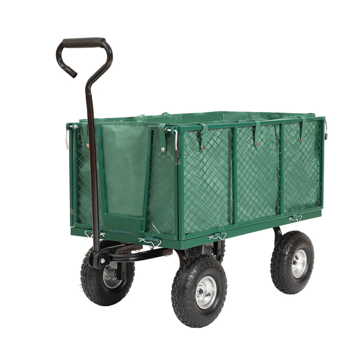 Robust trækvogn med gitter og aftagelig presenning, max 350 kg, oppustelige hjul, grøn