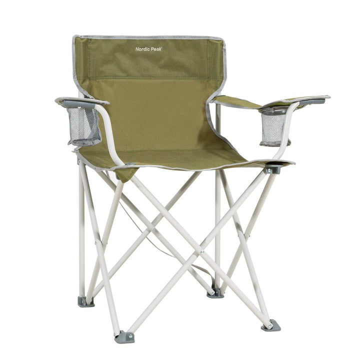Green and brown folding festival chair with two cup holders and strong steel frame.