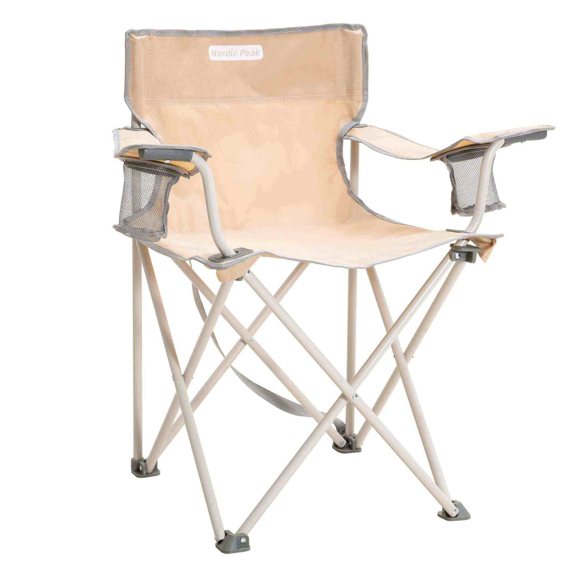 Extra robust festival chair with dual cup holders in green, brown, and beige, foldable design with carry strap.